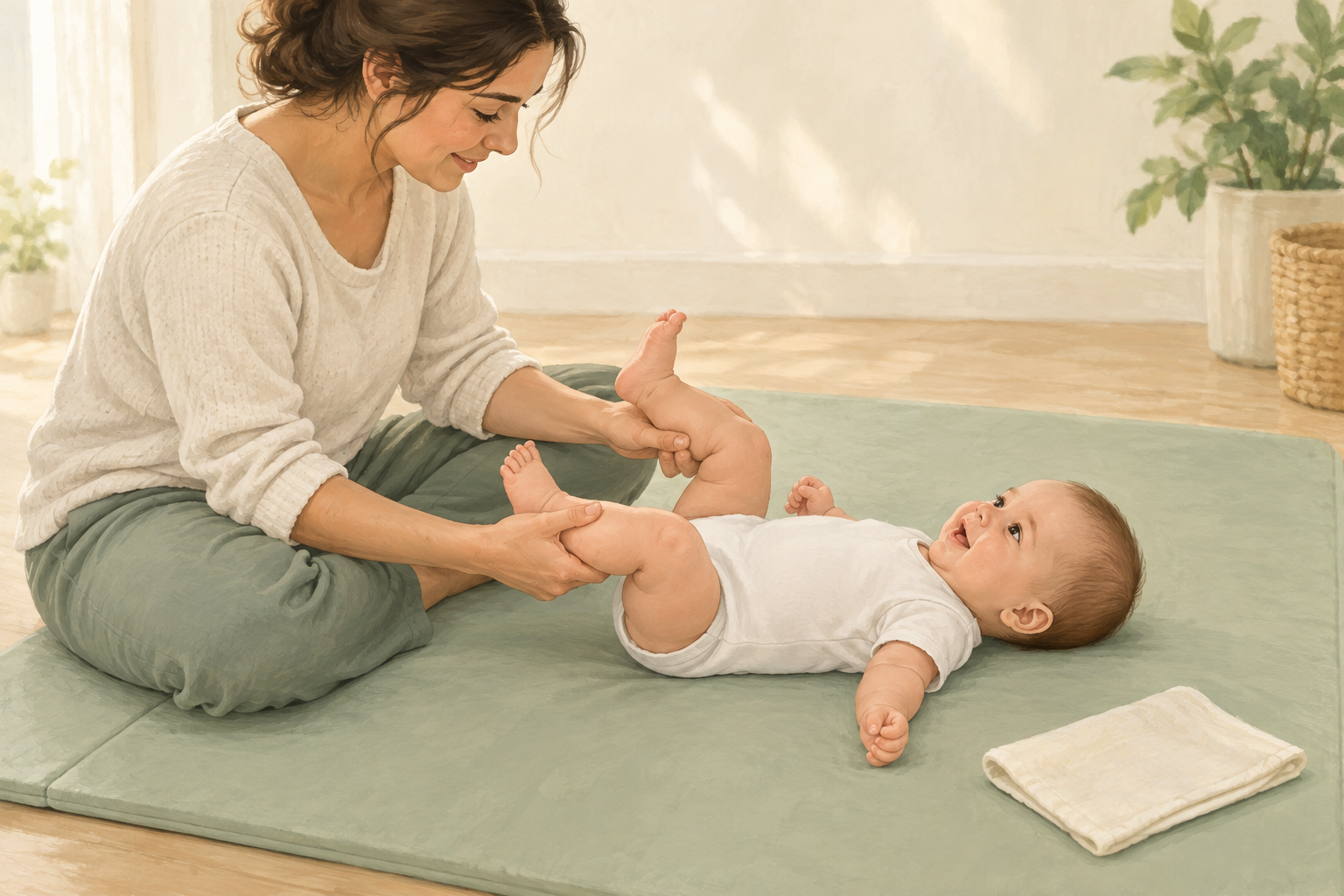 A caregiver gently moves an awake infant's bent legs while the baby lies face-up on a padded mat.