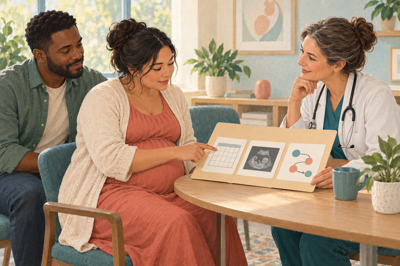 A pregnant patient discusses prenatal monitoring and care options with a maternity clinician at a consultation table.