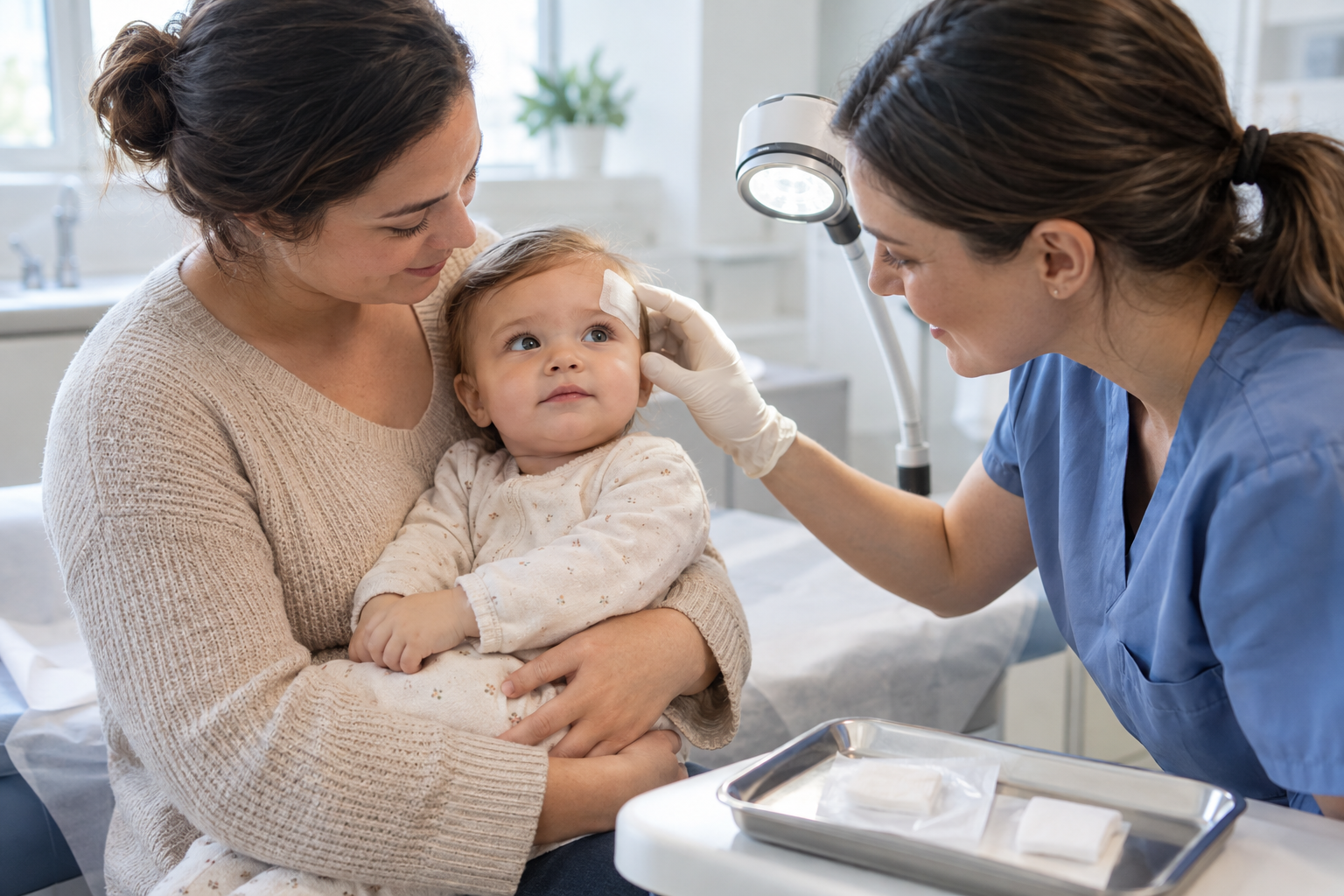 A health care professional examines a covered wound near a baby's eyebrow while the caregiver holds the baby in a clinic.
