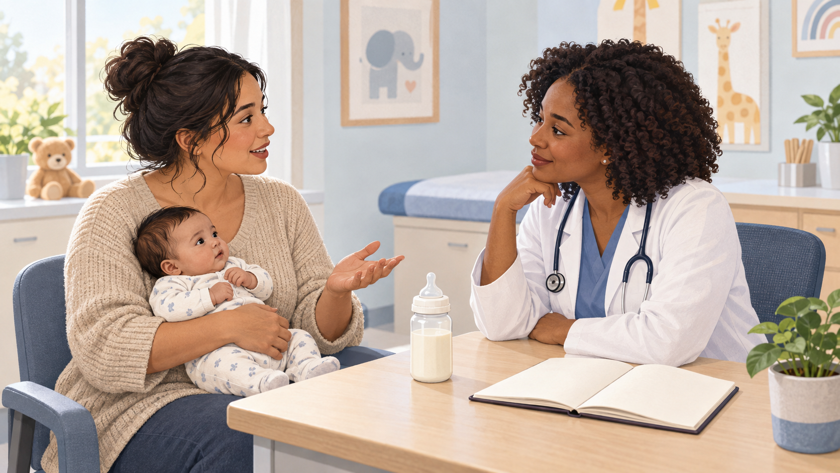 A caregiver holding an infant discusses feeding concerns with a pediatric clinician in an exam room.