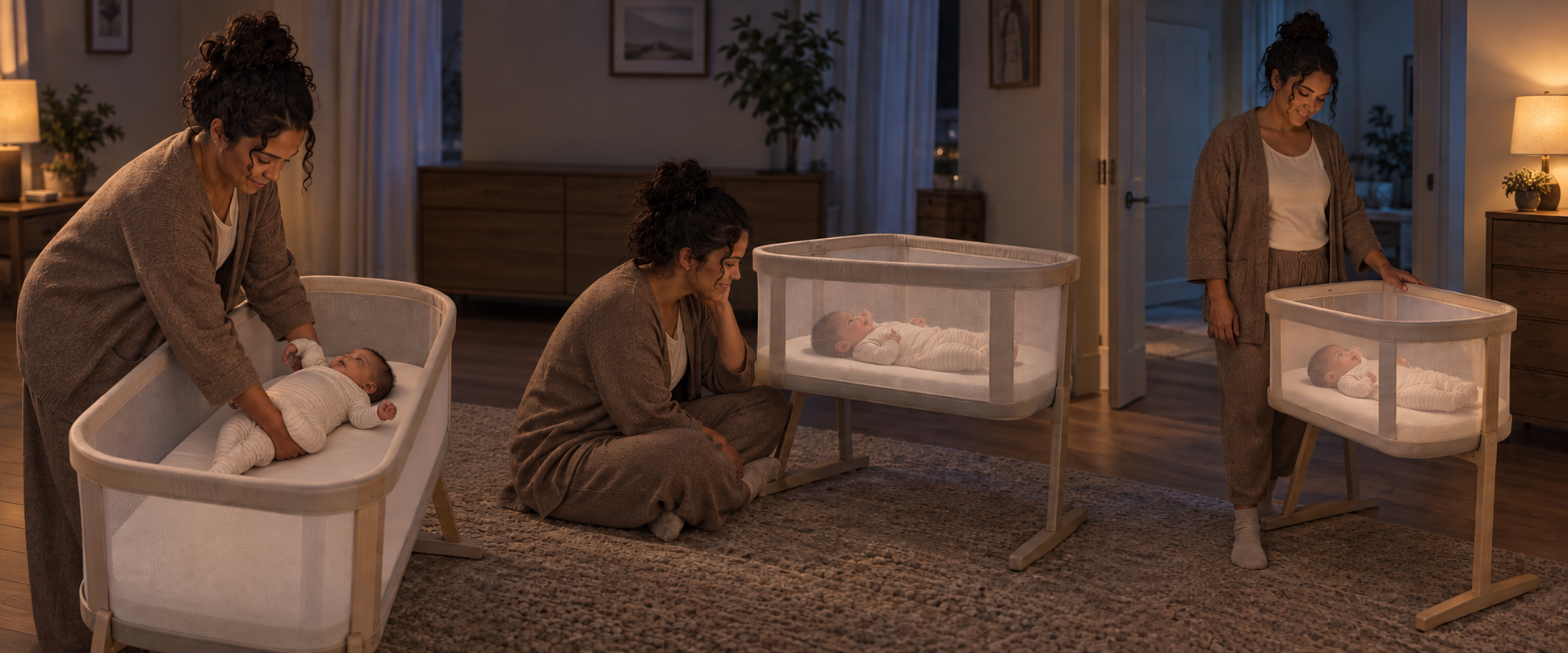 Three nighttime scenes show a careful bassinet transfer, a parent sitting nearby, and an accessible bedside setup.