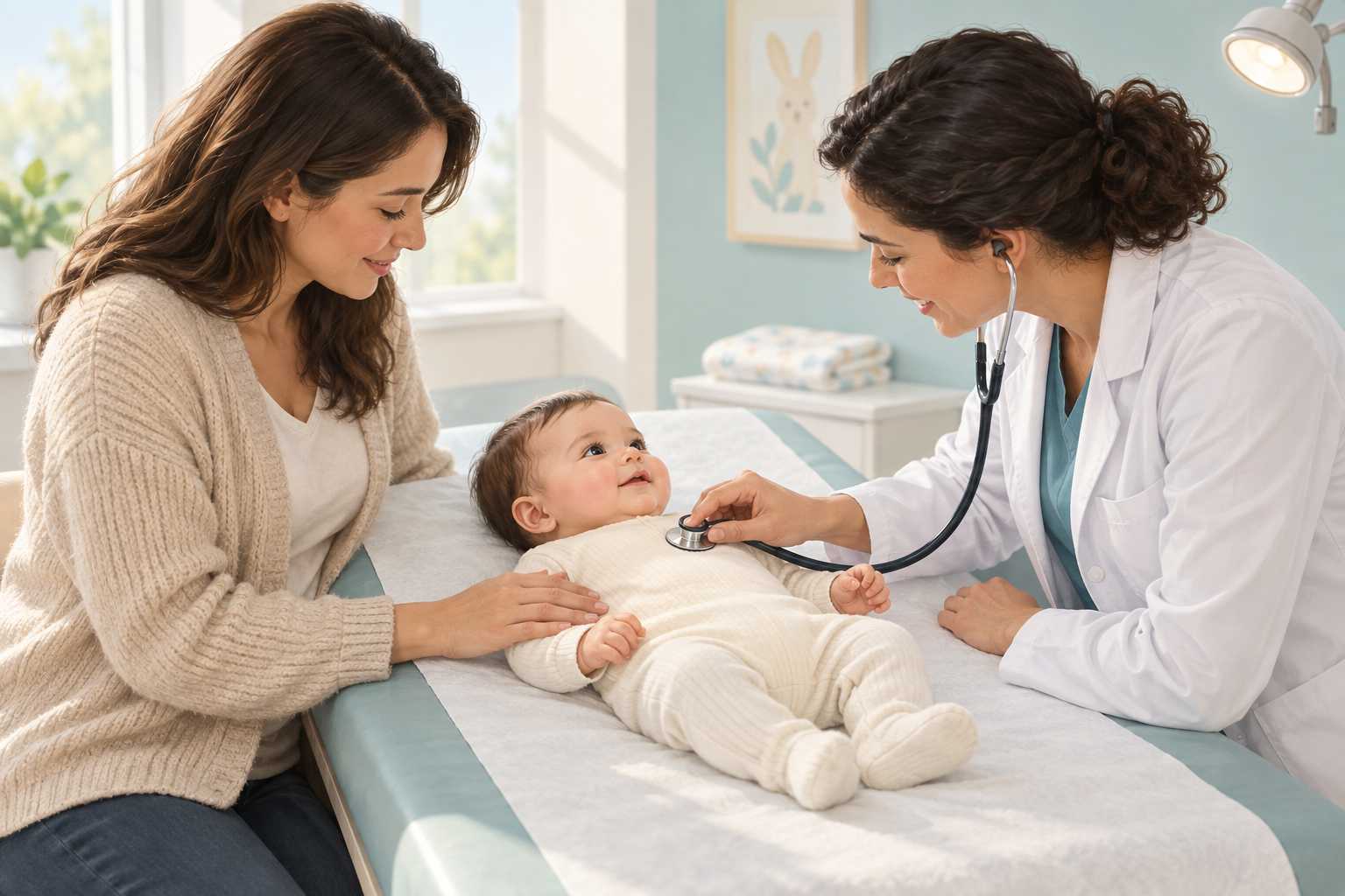 A pediatric clinician examines an awake infant with a stethoscope while the caregiver remains close by.