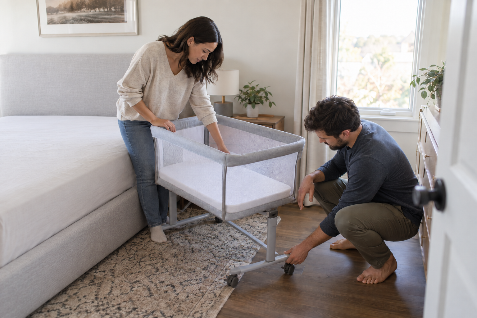 Two caregivers test the reach, height, stability, and bedside fit of an empty bassinet in their bedroom.