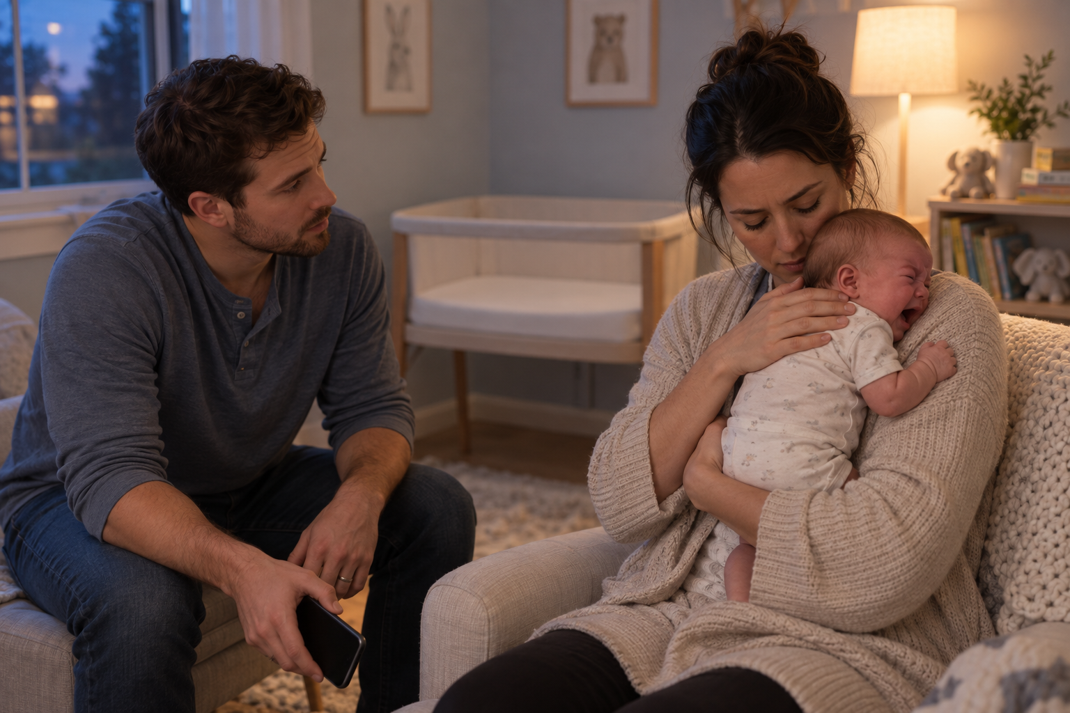 A caregiver comforts a crying infant while an empty bassinet sits in the background and another adult holds a phone.
