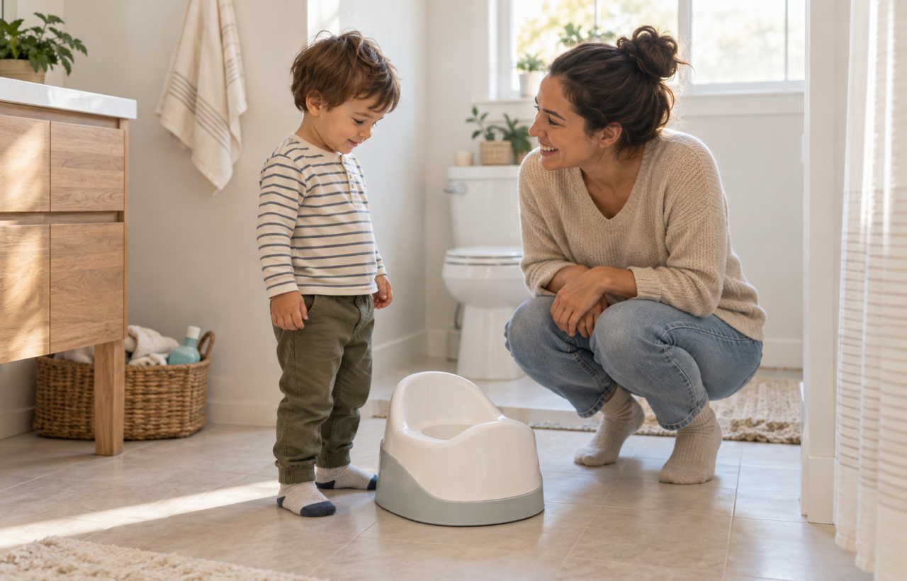 A parent crouches beside a fully clothed toddler standing near a clean child-size potty in a bright family bathroom.