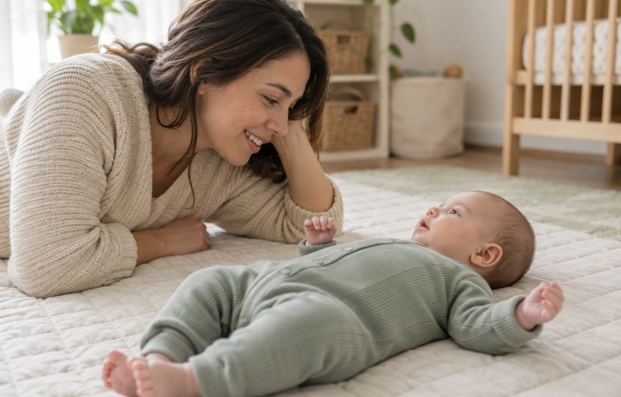 A caregiver lies beside an alert young baby on a play mat and gently makes eye contact in a softly lit nursery.