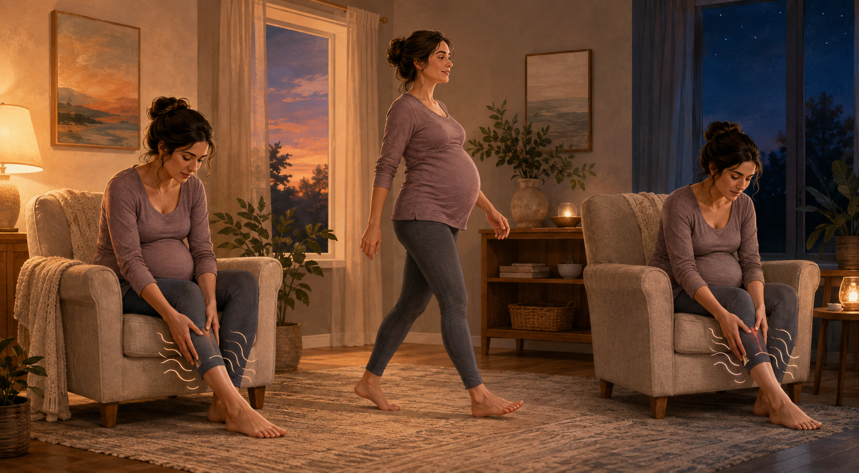 Three-part illustration of a pregnant person feeling leg discomfort while resting, finding relief by walking, and noticing symptoms return after sitting.
