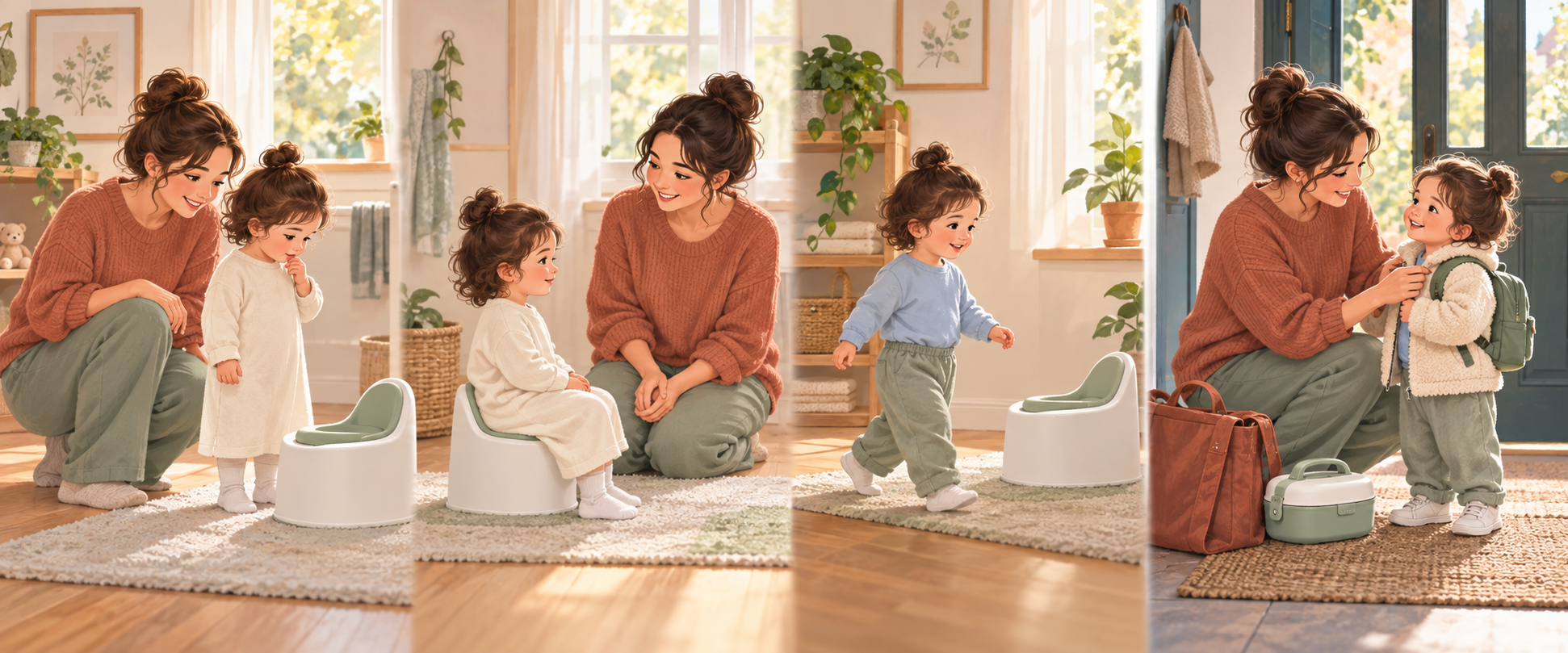 Four illustrated scenes show a toddler progressing from noticing body cues to using a potty, wearing clothes, and preparing for an outing.