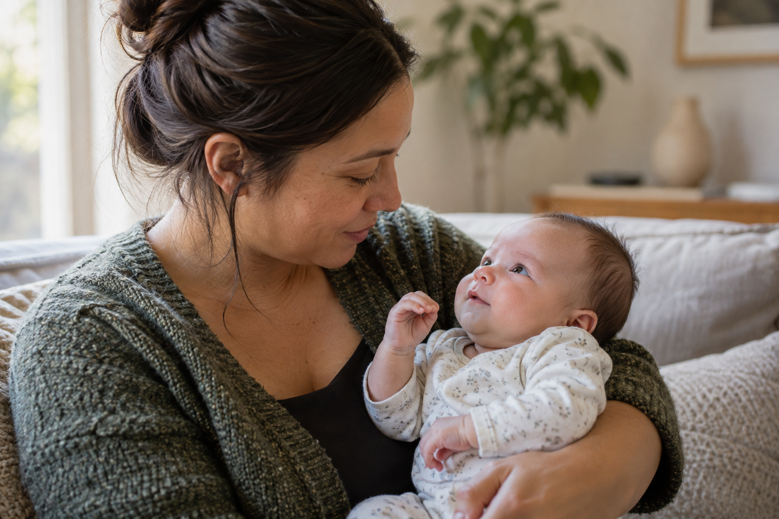 A caregiver pauses attentively while holding a supported young baby who is looking back at them.