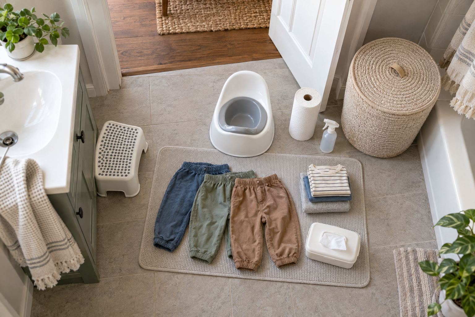 A clean child-size potty, spare clothes, wipes, cleaning supplies, and a waterproof mat are arranged on a bathroom floor.