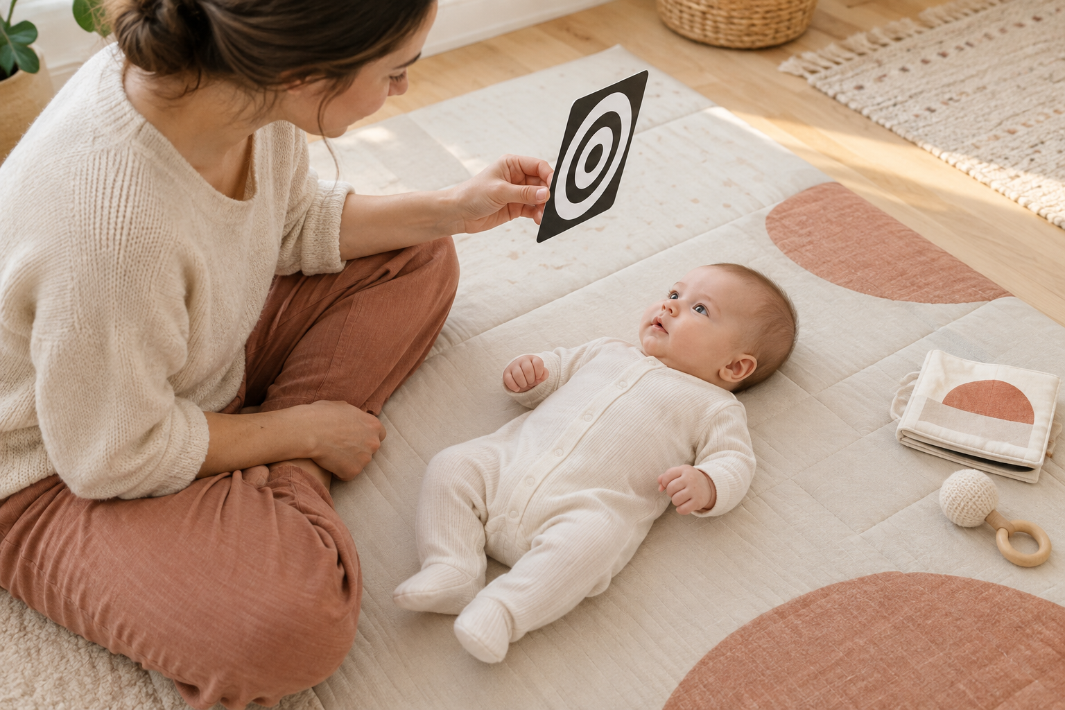 A baby lies on a play mat while a nearby caregiver shows them a simple black-and-white geometric card.