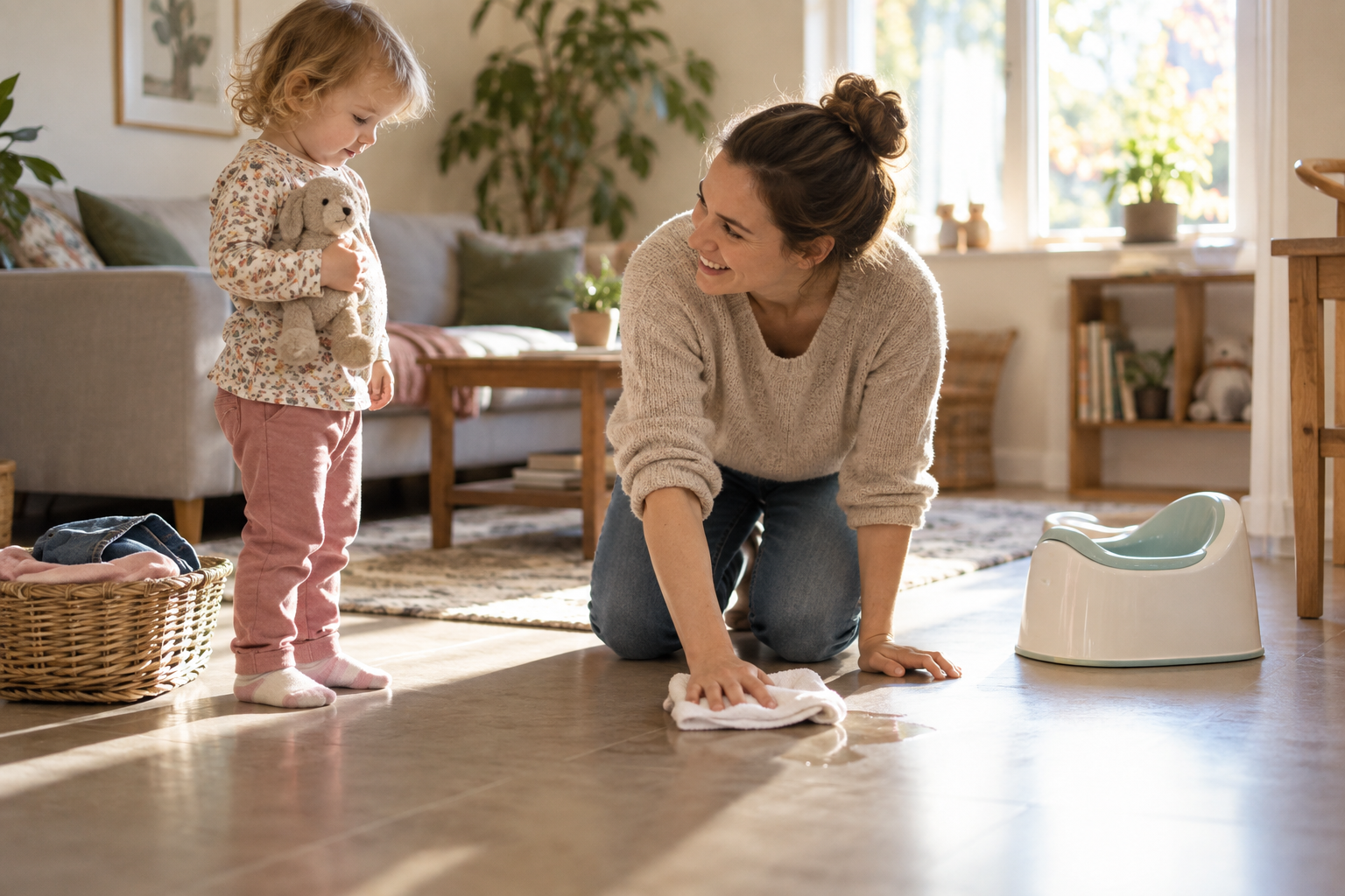 A calm parent cleans a small floor spill while a fully clothed toddler stands nearby and a clean potty remains within reach.