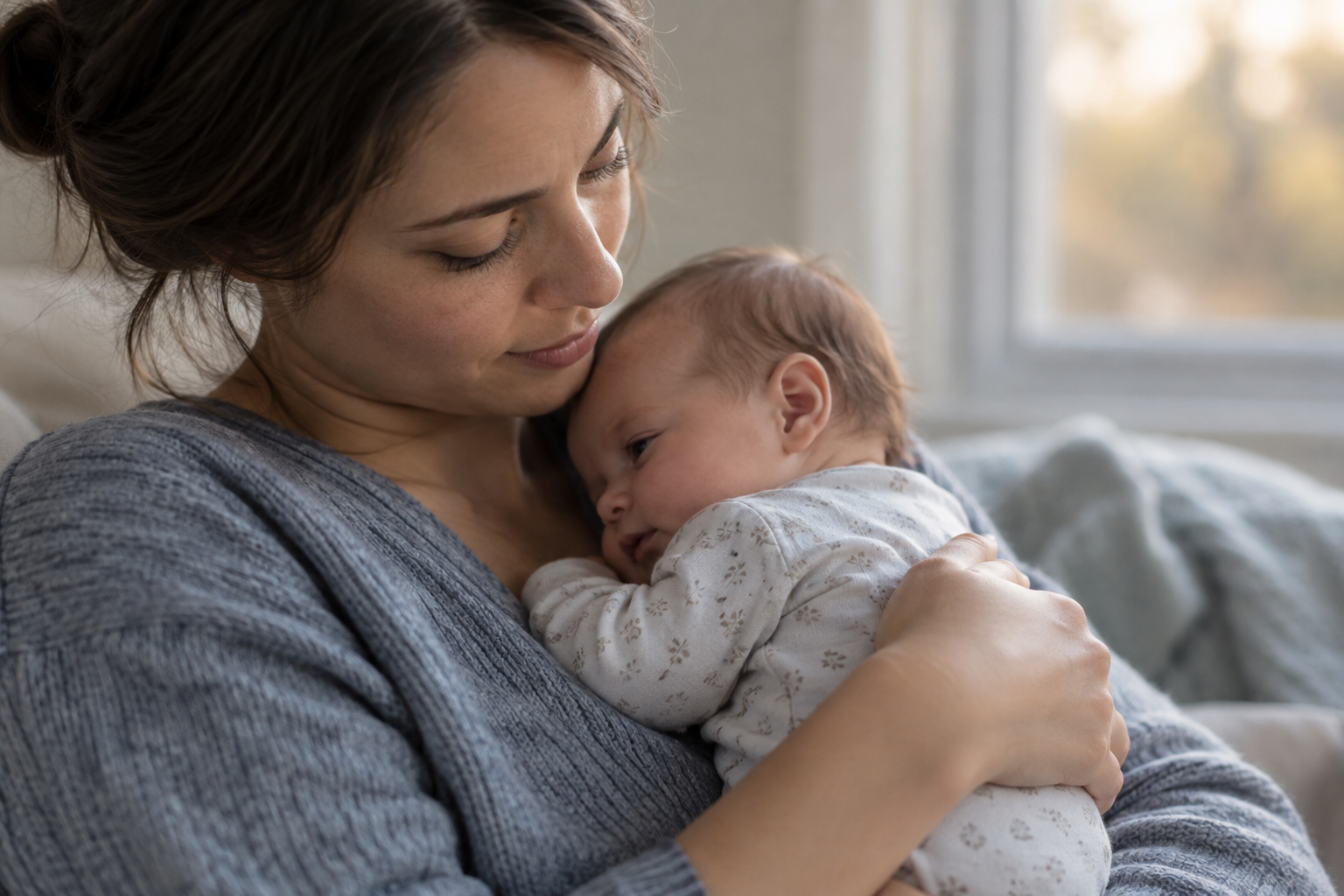 A supported young baby turns their gaze away as the caregiver calmly allows a quiet break.