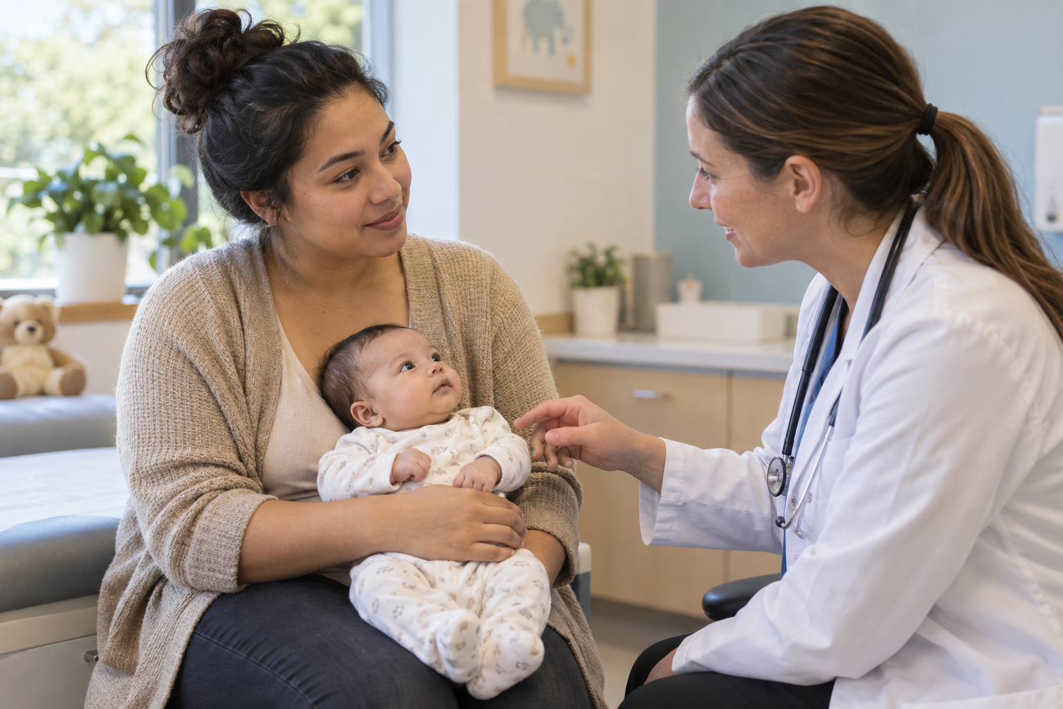 A healthcare professional talks with a caregiver holding an awake young baby during a calm clinic visit.