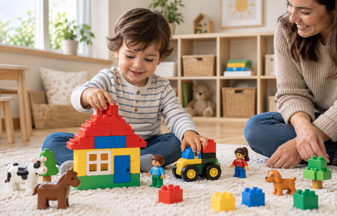 A young child builds a small house and vehicle with large colorful interlocking bricks on a playroom rug while a caregiver sits nearby.