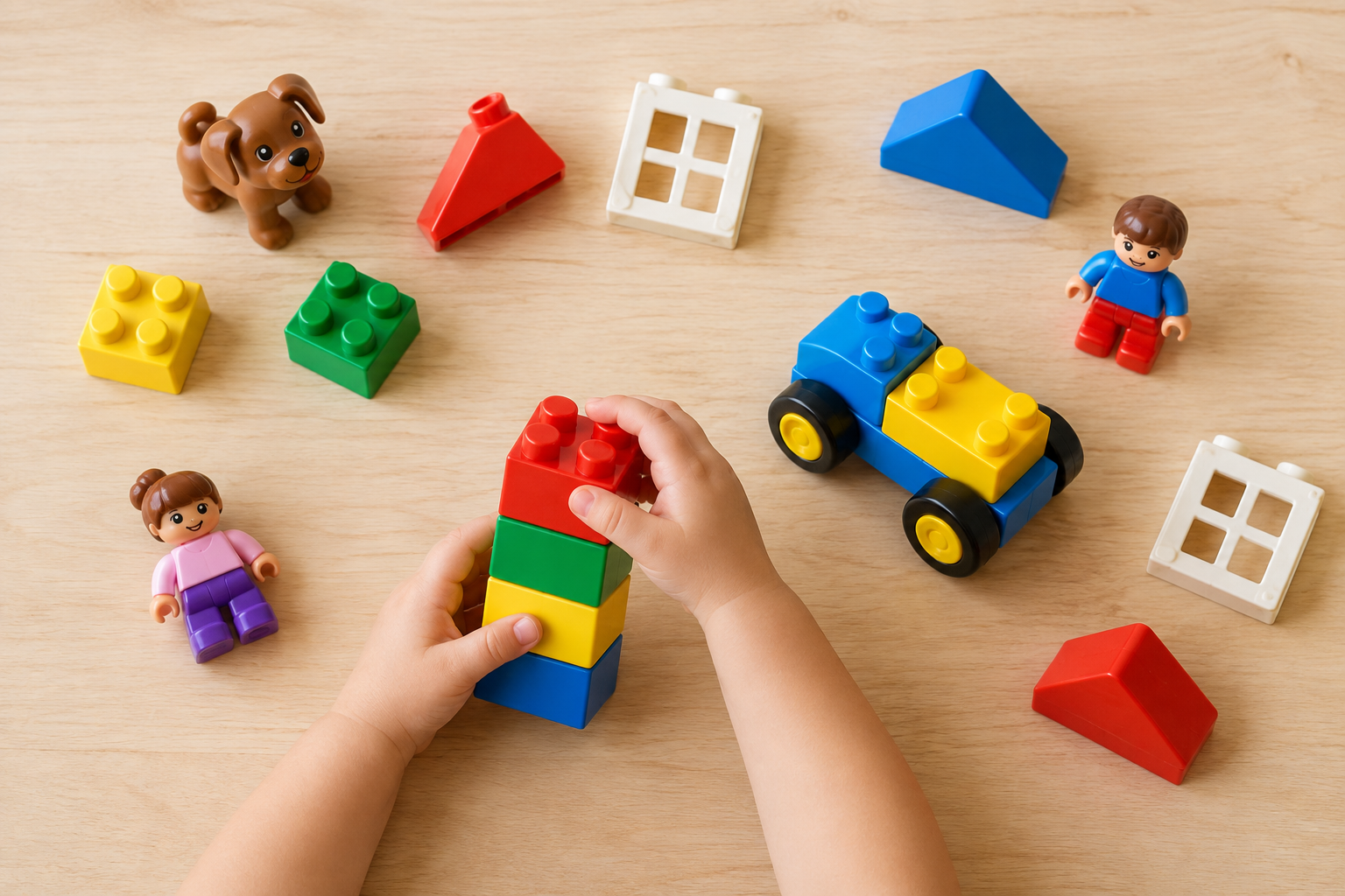Small hands build a tower and rolling vehicle from a manageable assortment of large colorful toddler blocks and simple figures.