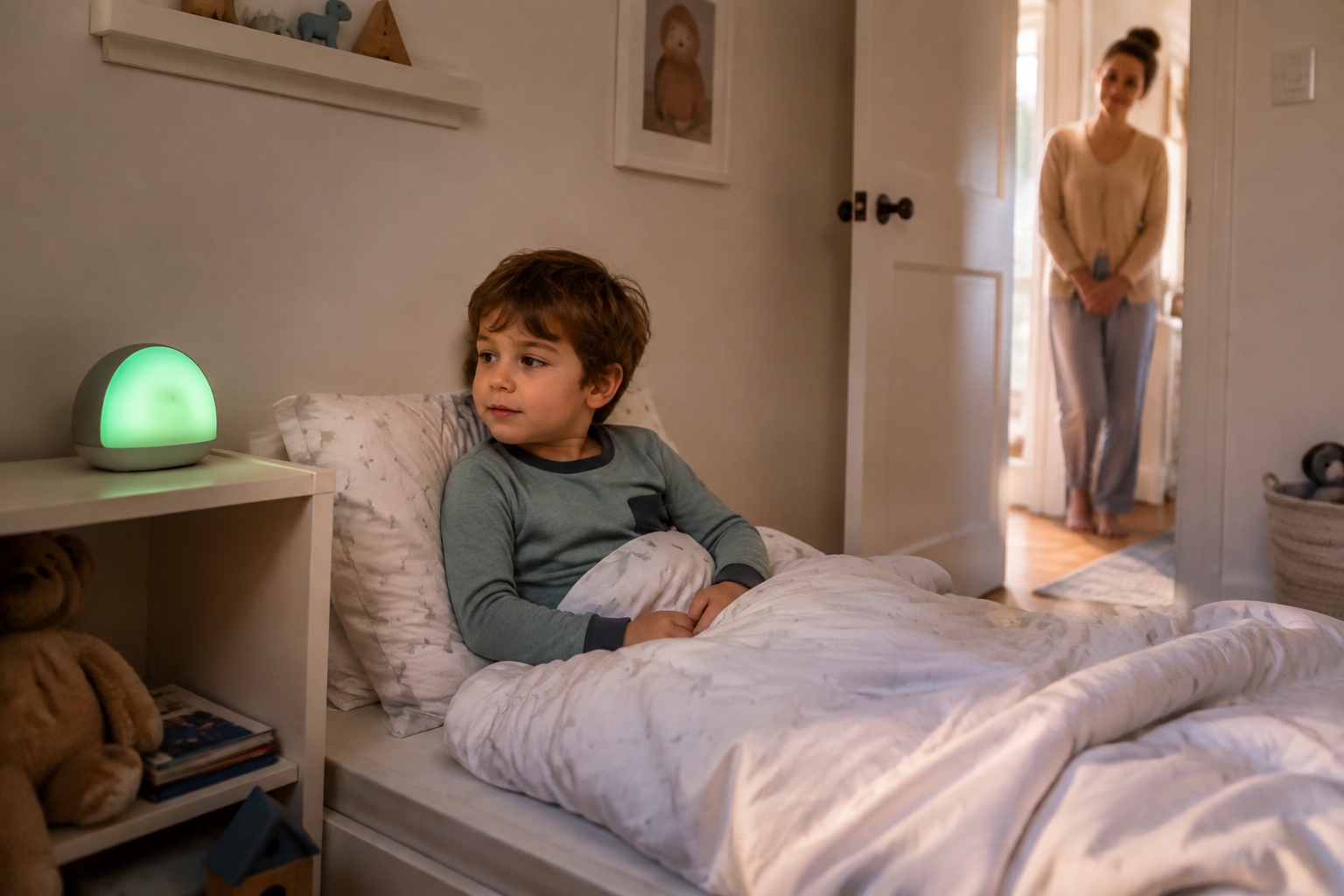 Preschooler sitting in bed and looking at a green wake-up light while a caregiver waits in the doorway.