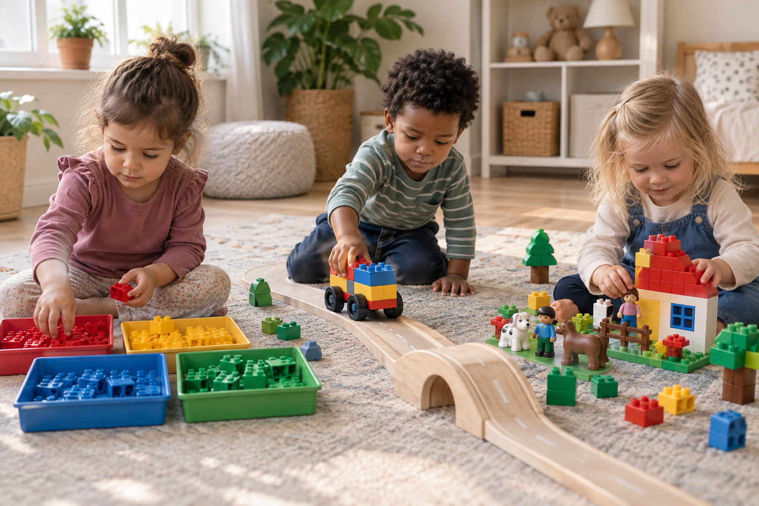Three children sort large blocks, push a brick-built vehicle, and create a pretend story with figures and a small house.