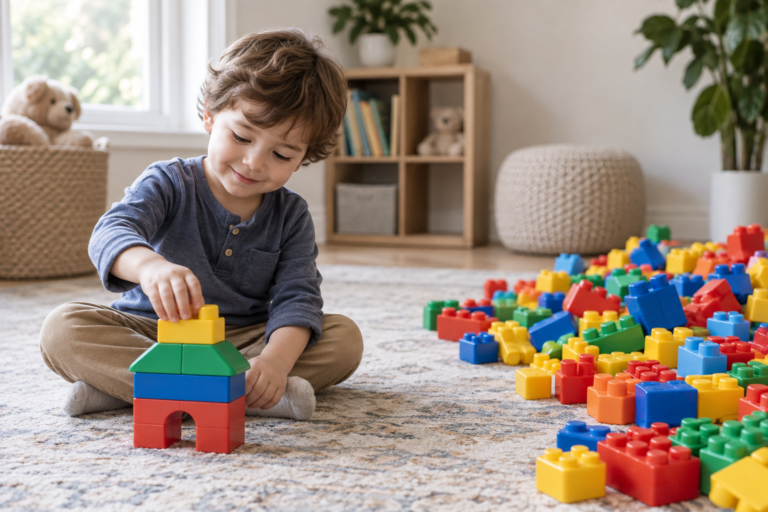 A child plays with a small completed block model beside a modest selection of pieces, while a much larger pile sits unused nearby.