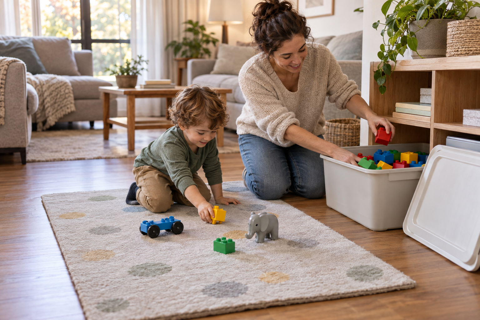 A caregiver and child put large building blocks into a low storage bin beside a clear play mat in a tidy living room.