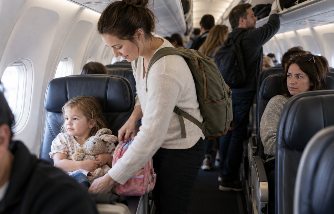 A parent helps a toddler settle into an airplane seat while a nearby passenger looks toward them during boarding.