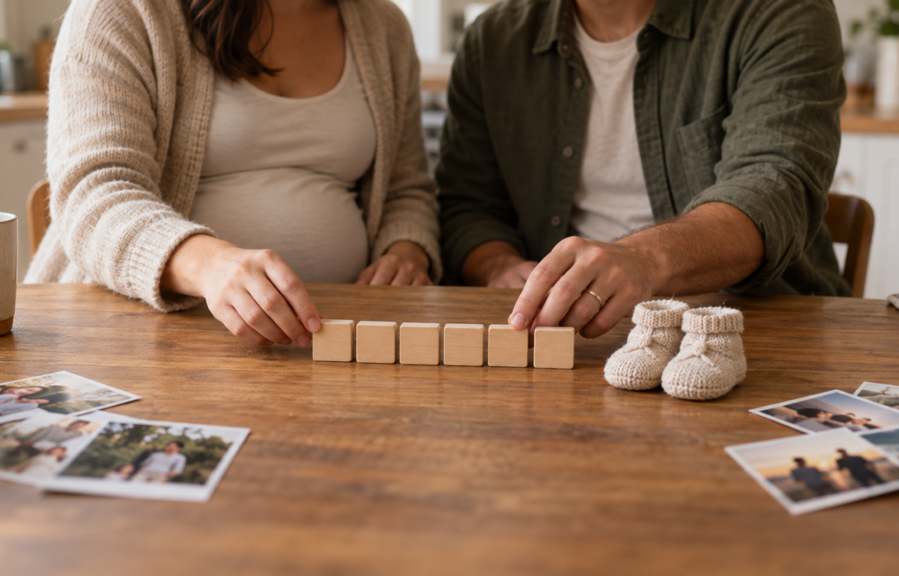Two expectant parents arrange blank wooden tiles beside baby booties and family photographs on a kitchen table.