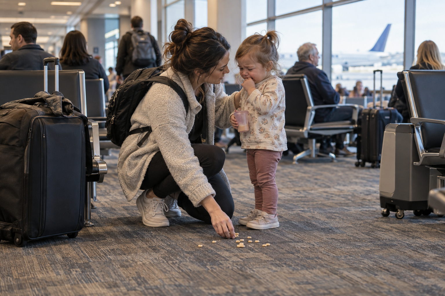 A parent reassures an upset toddler and picks up a spilled snack in an airport gate area.