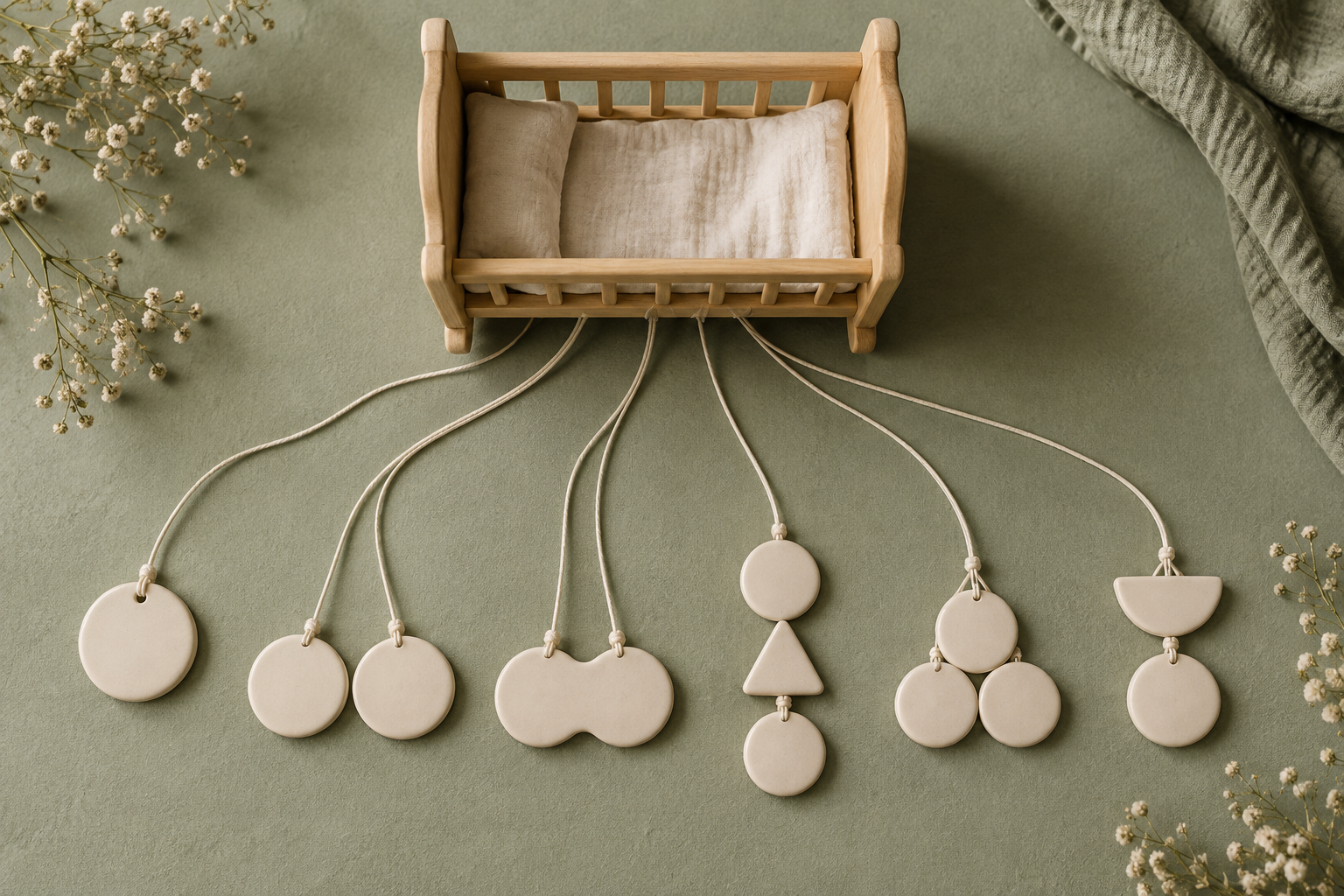 A wooden cradle is connected by cords to six different arrangements of blank ceramic tokens.
