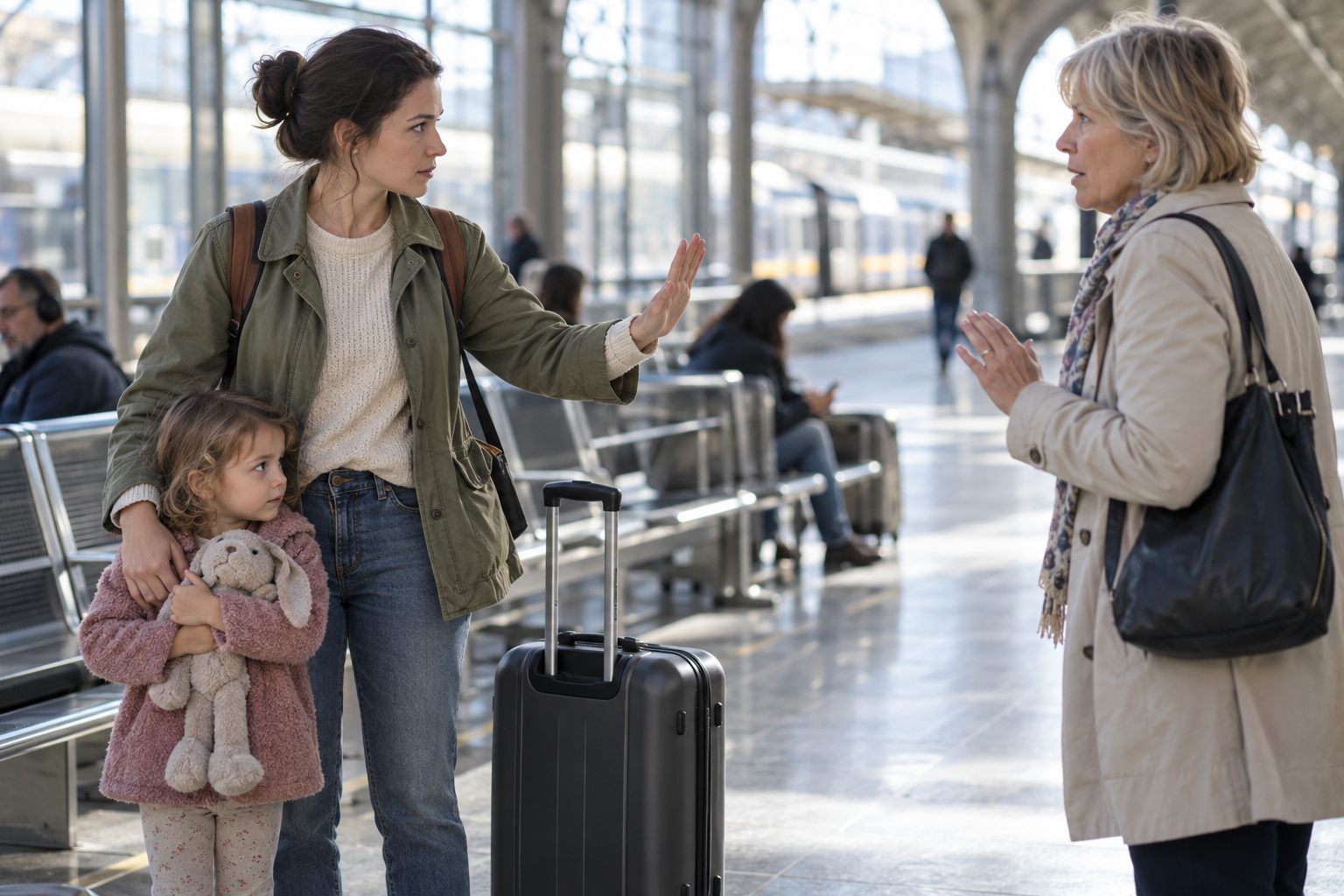 A parent holding a toddler makes a calm open-palm gesture toward another traveler in a station waiting area.