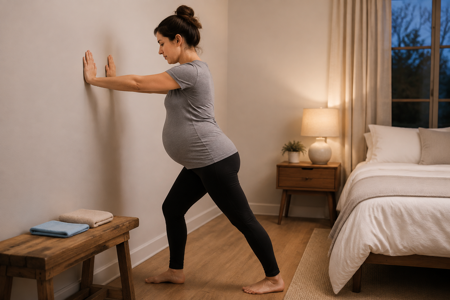 A pregnant person performs a supported calf stretch beside a bench holding wrapped warm and cool packs.