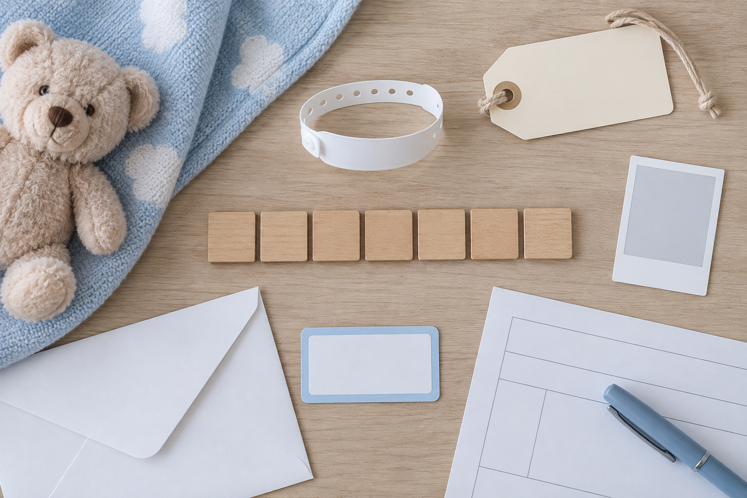 Blank name-related items, including a baby wristband, luggage tag, envelope, label, and form, surround wooden tiles on a table.