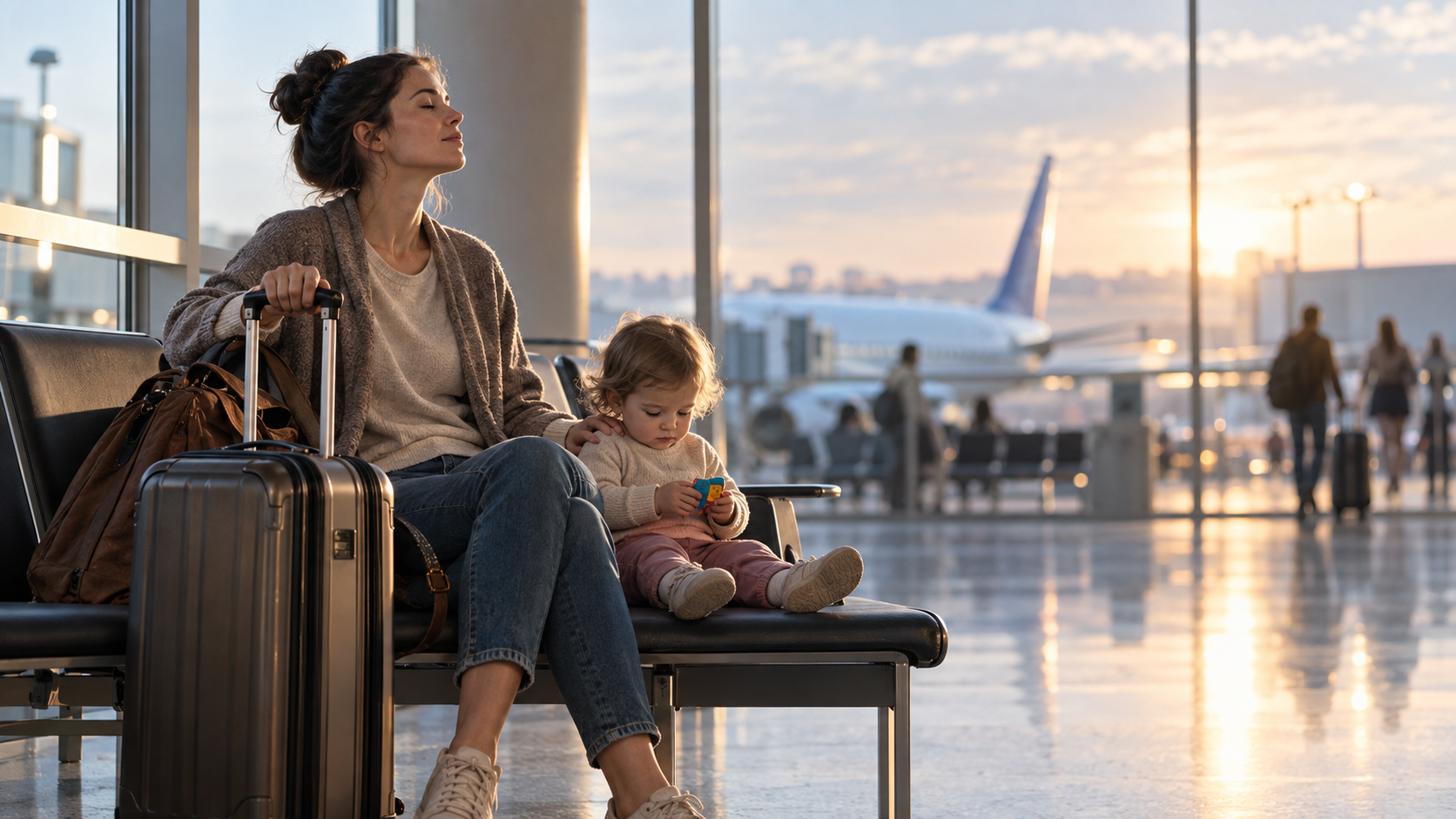 A seated parent takes a quiet pause beside a toddler and suitcase in an airport terminal.