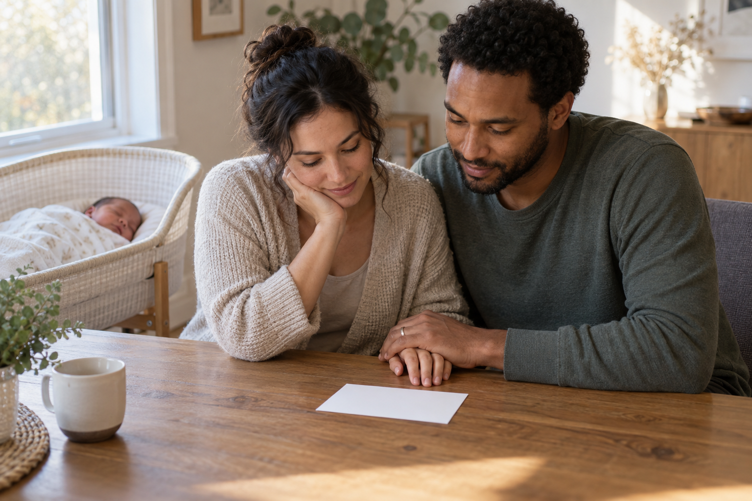Two parents sit together with hands touching beside a blank card and a sleeping newborn in a bassinet.