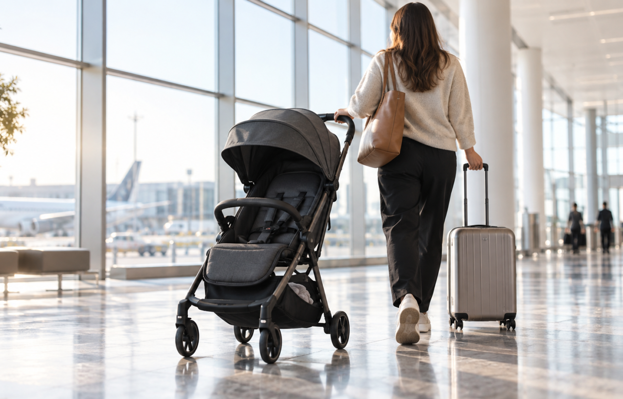 A compact travel stroller and small carry-on suitcase in a bright airport concourse as a parent prepares to travel.
