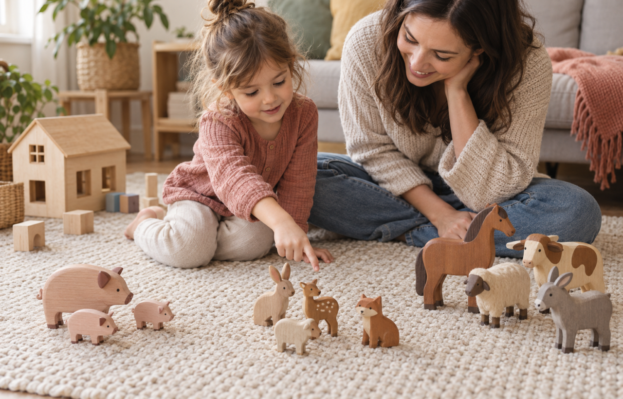 A parent and young child sort wooden pig and animal figures into three groups on a living-room rug.