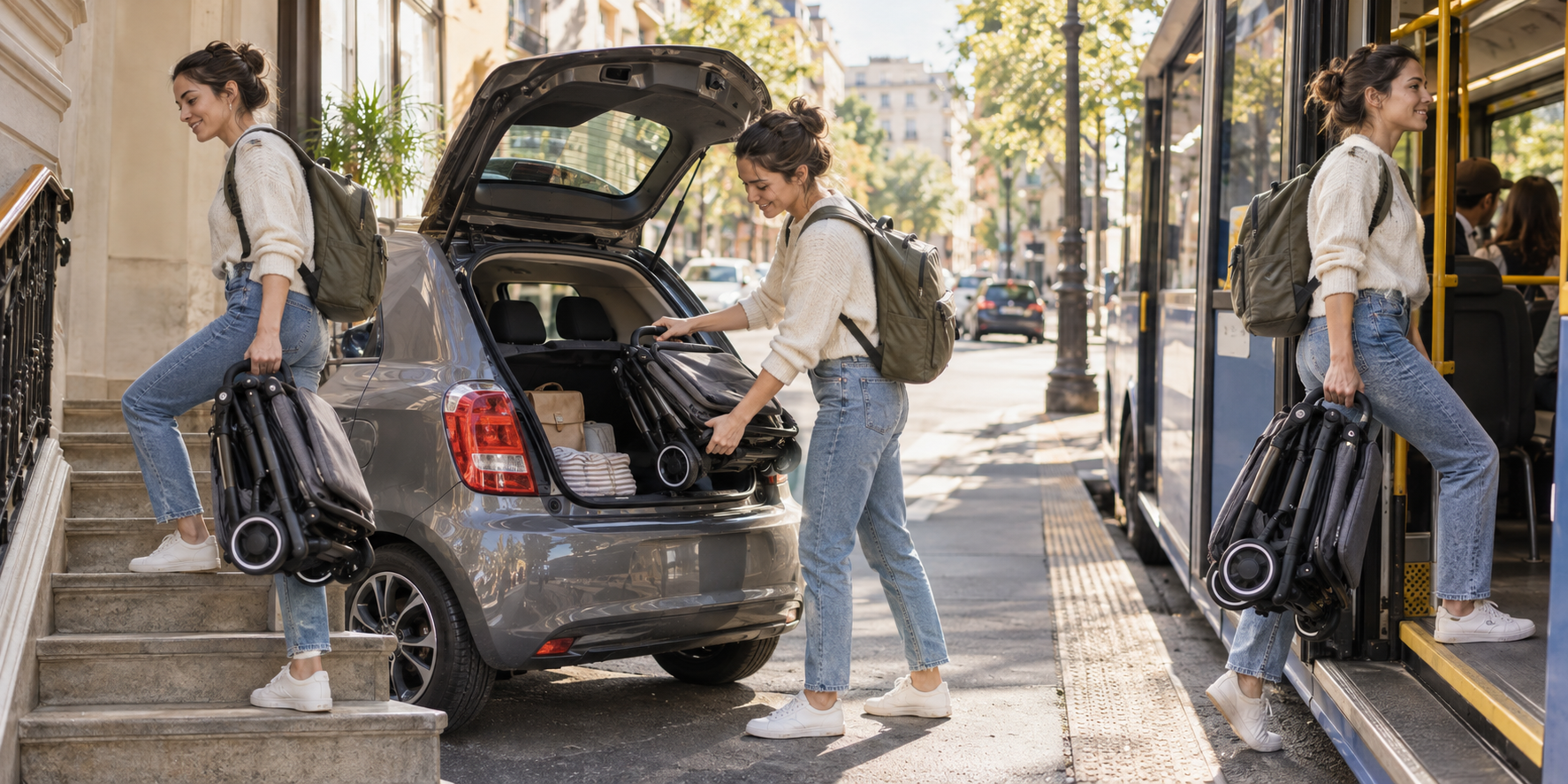 A parent handles a folded compact stroller on stairs, beside a small car trunk, and while boarding public transit.