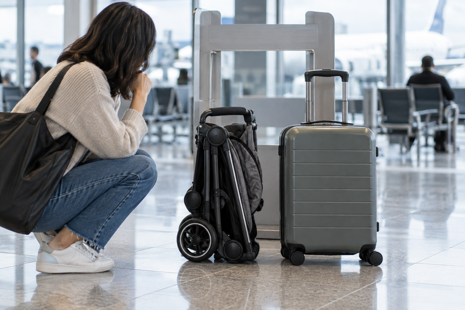 A traveler compares a folded compact stroller with a cabin suitcase near an unbranded airport gate.
