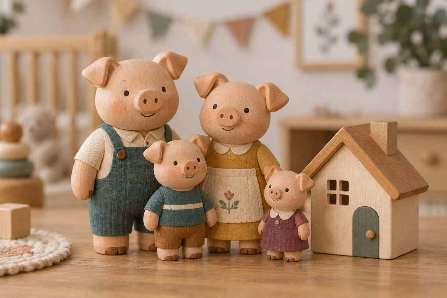 Four wooden pig figures of different sizes stand together beside a small toy house.