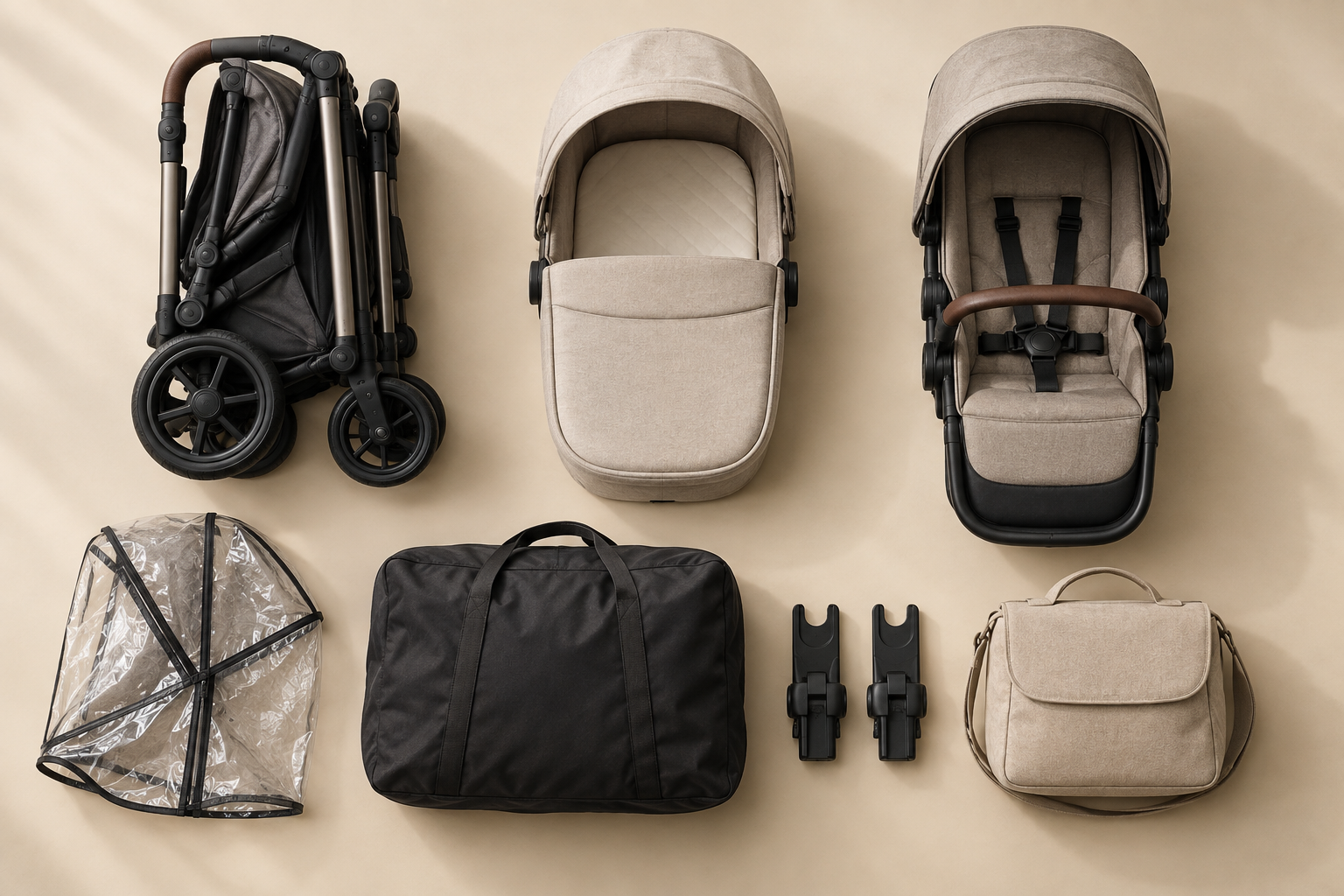 A compact stroller frame is arranged with newborn and toddler seating options, a rain cover, travel bag, adapters, and changing bag.