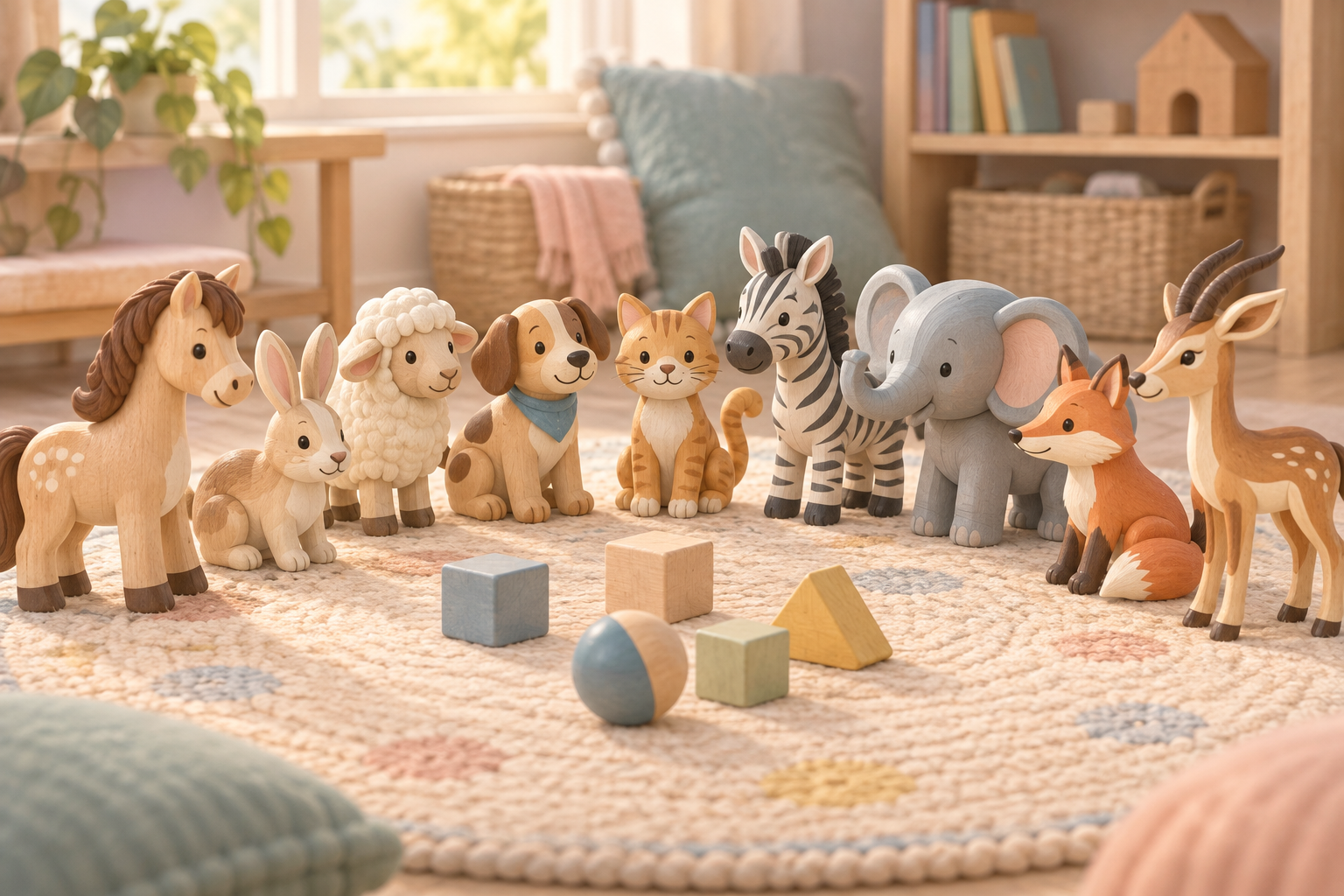 Wooden figures of a pony, rabbit, sheep, dog, cat, zebra, elephant, fox, and gazelle sit in a playroom semicircle.