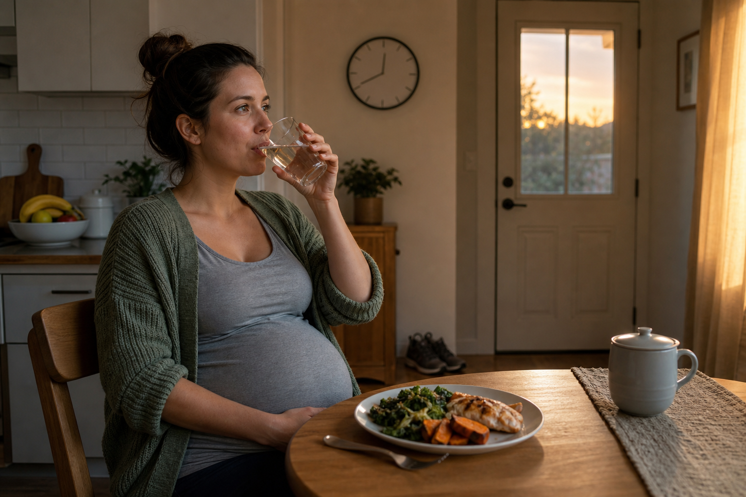 A pregnant person drinks water with an evening meal while walking shoes sit near the door and a coffee mug is set aside.