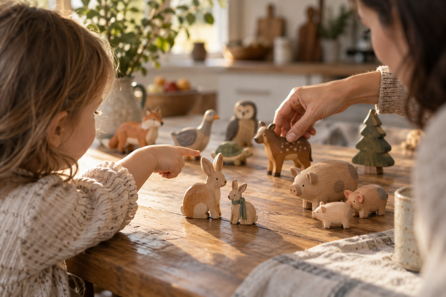 A preschooler points to wooden animal figures while a parent listens and helps arrange the characters.