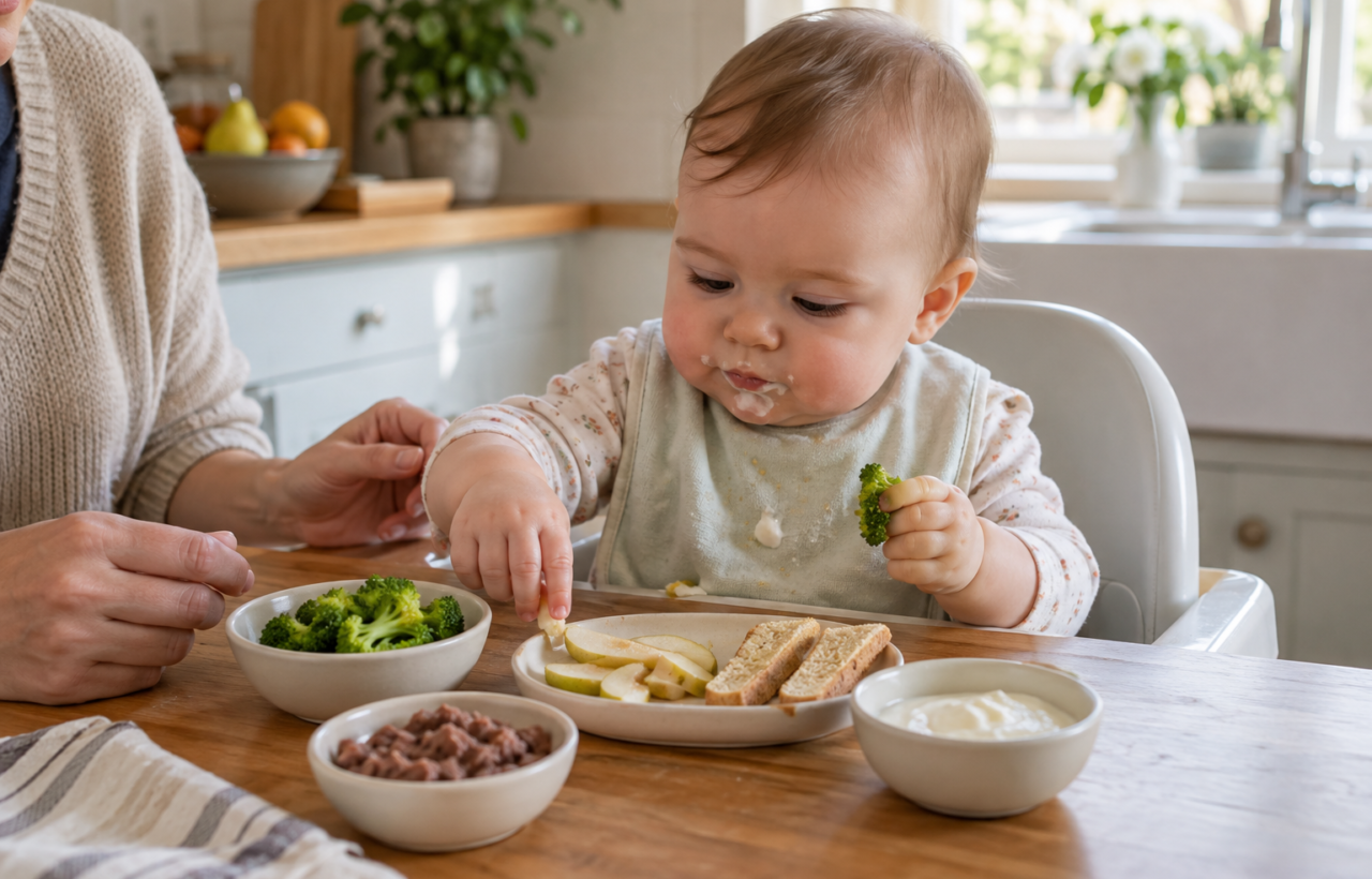 Baby in a high chair exploring pear, broccoli, beans, yogurt and toast during a weaning meal.
