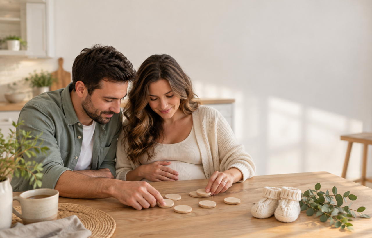 An expectant couple arranges blank wooden tokens beside knitted baby booties on a sunlit table.