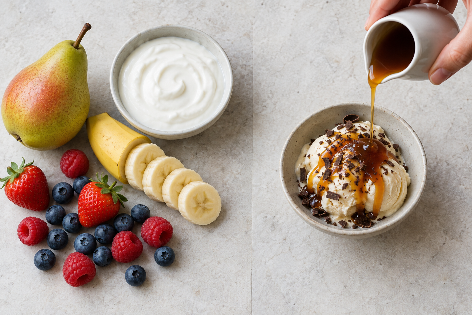 Whole fruit and plain yogurt beside a dessert bowl with syrup being added.