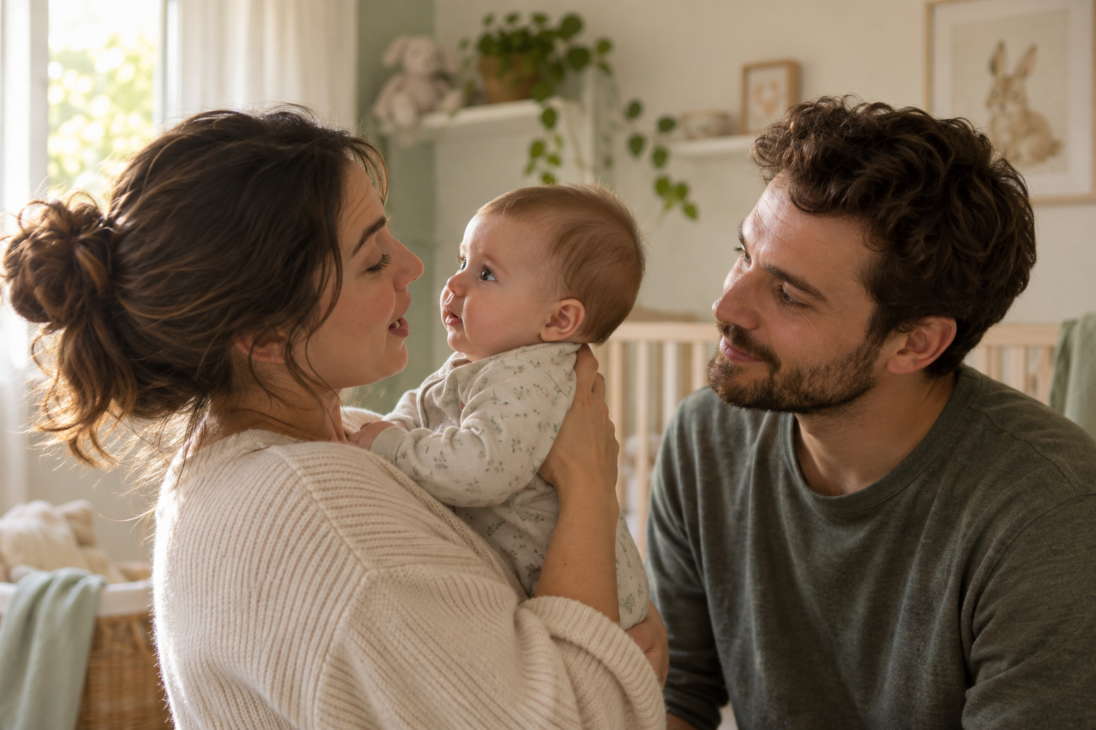 A parent speaks softly to a baby while another parent listens in a bright nursery.