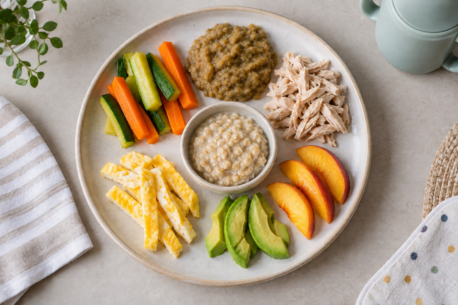 A varied baby-weaning meal with vegetables, lentils, chicken, egg, avocado, peach and oatmeal.
