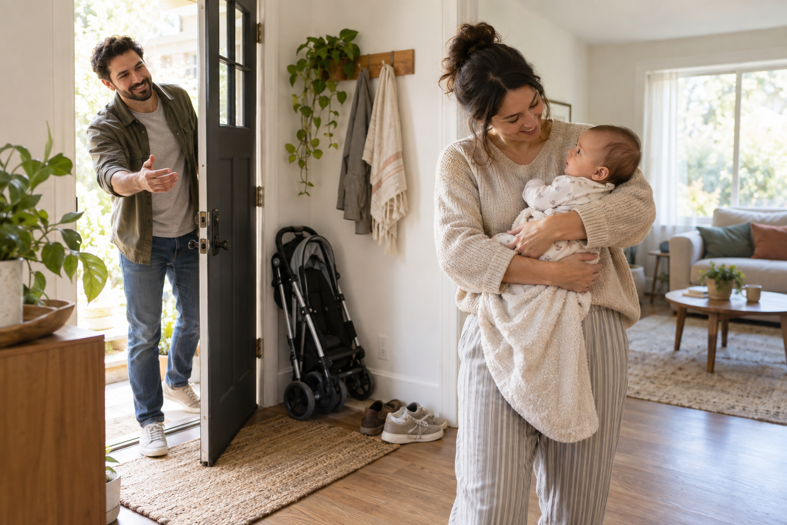 Two parents and their baby move through a bright entryway during an everyday family routine.