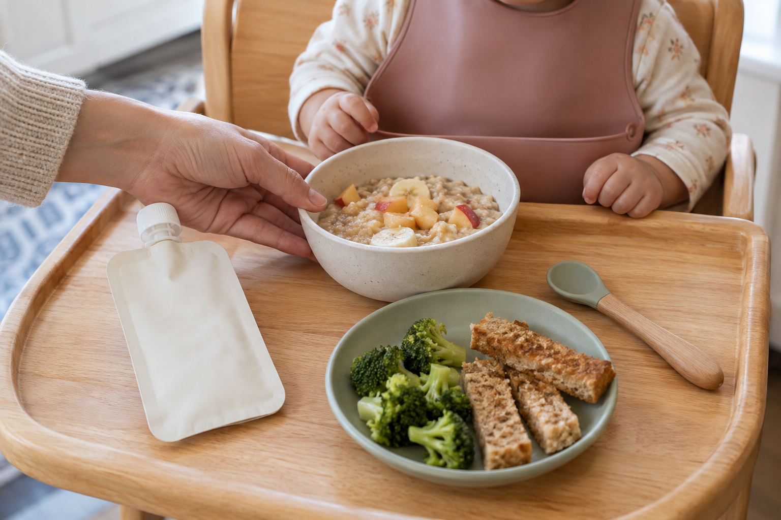 An unbranded fruit pouch beside oatmeal, soft fruit, broccoli and toast on a high-chair tray.
