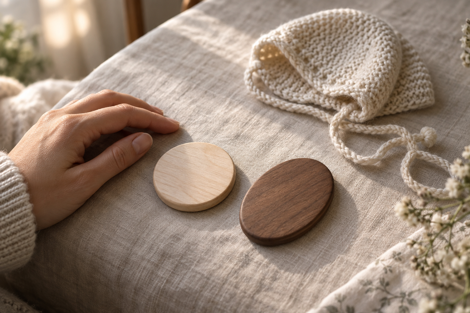 Two blank wooden keepsake tokens lie beside a knitted baby bonnet and a parent's hand.